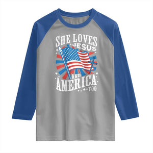 Funny She Loves Jesus And America Too Raglan Shirt 4th Of July Patriotic Christian American Flag TS11 Sport Gray Royal Print Your Wear