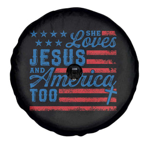 Funny She Loves Jesus And America Too Spare Tire Cover 4th Of July Christian American Flag TS11 Print Your Wear