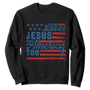 Funny She Loves Jesus And America Too Sweatshirt 4th Of July Christian American Flag TS11 Black Print Your Wear
