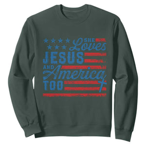 Funny She Loves Jesus And America Too Sweatshirt 4th Of July Christian American Flag TS11 Dark Forest Green Print Your Wear