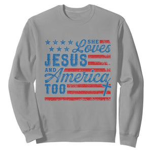 Funny She Loves Jesus And America Too Sweatshirt 4th Of July Christian American Flag TS11 Sport Gray Print Your Wear