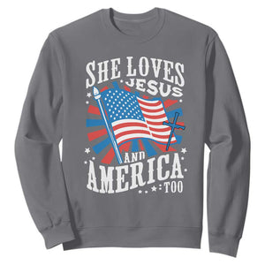 Funny She Loves Jesus And America Too Sweatshirt 4th Of July Patriotic Christian American Flag TS11 Charcoal Print Your Wear