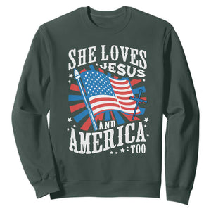Funny She Loves Jesus And America Too Sweatshirt 4th Of July Patriotic Christian American Flag TS11 Dark Forest Green Print Your Wear
