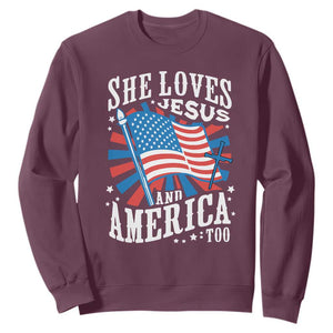 Funny She Loves Jesus And America Too Sweatshirt 4th Of July Patriotic Christian American Flag TS11 Maroon Print Your Wear