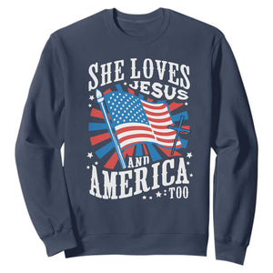 Funny She Loves Jesus And America Too Sweatshirt 4th Of July Patriotic Christian American Flag TS11 Navy Print Your Wear