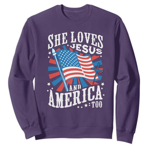 Funny She Loves Jesus And America Too Sweatshirt 4th Of July Patriotic Christian American Flag TS11 Purple Print Your Wear