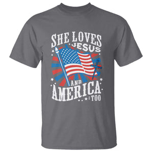 Funny She Loves Jesus And America Too T Shirt 4th Of July Patriotic Christian American Flag TS11 Charcoal Print Your Wear