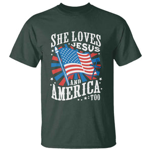 Funny She Loves Jesus And America Too T Shirt 4th Of July Patriotic Christian American Flag TS11 Dark Forest Green Print Your Wear