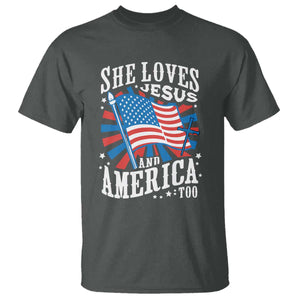 Funny She Loves Jesus And America Too T Shirt 4th Of July Patriotic Christian American Flag TS11 Dark Heather Print Your Wear
