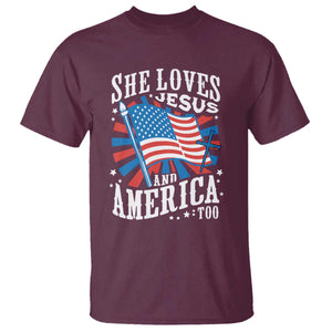Funny She Loves Jesus And America Too T Shirt 4th Of July Patriotic Christian American Flag TS11 Maroon Print Your Wear