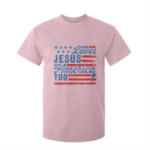 Funny She Loves Jesus And America Too T Shirt For Kid 4th Of July Christian American Flag TS11 Light Pink Print Your Wear