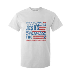 Funny She Loves Jesus And America Too T Shirt For Kid 4th Of July Christian American Flag TS11 White Print Your Wear