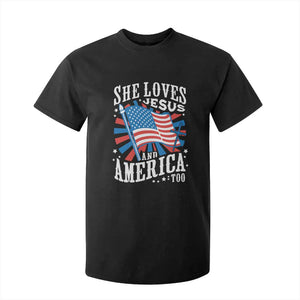 Funny She Loves Jesus And America Too T Shirt For Kid 4th Of July Patriotic Christian American Flag TS11 Black Print Your Wear