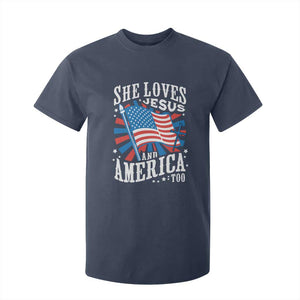 Funny She Loves Jesus And America Too T Shirt For Kid 4th Of July Patriotic Christian American Flag TS11 Navy Print Your Wear