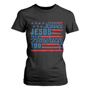 Funny She Loves Jesus And America Too T Shirt For Women 4th Of July Christian American Flag TS11 Black Print Your Wear