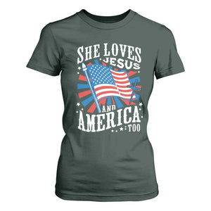 Funny She Loves Jesus And America Too T Shirt For Women 4th Of July Patriotic Christian American Flag TS11 Dark Forest Green Print Your Wear
