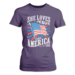 Funny She Loves Jesus And America Too T Shirt For Women 4th Of July Patriotic Christian American Flag TS11 Purple Print Your Wear