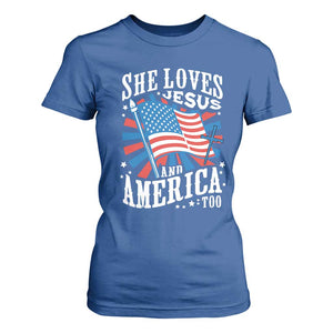 Funny She Loves Jesus And America Too T Shirt For Women 4th Of July Patriotic Christian American Flag TS11 Royal Blue Print Your Wear