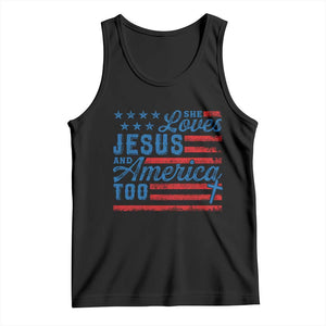 Funny She Loves Jesus And America Too Tank Top 4th Of July Christian American Flag TS11 Black Print Your Wear