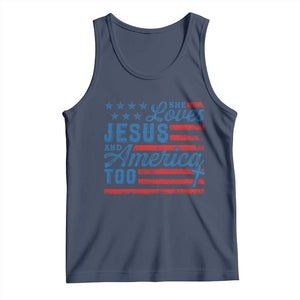 Funny She Loves Jesus And America Too Tank Top 4th Of July Christian American Flag TS11 Navy Print Your Wear