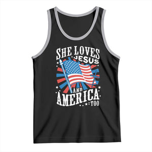 Funny She Loves Jesus And America Too Tank Top 4th Of July Patriotic Christian American Flag TS11 Black Athletic Heather Print Your Wear