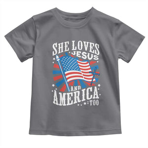 Funny She Loves Jesus And America Too Toddler T Shirt 4th Of July Patriotic Christian American Flag TS11 Charcoal Print Your Wear