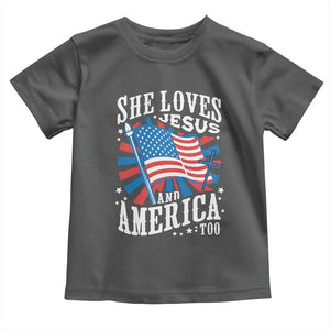Funny She Loves Jesus And America Too Toddler T Shirt 4th Of July Patriotic Christian American Flag TS11 Dark Heather Print Your Wear