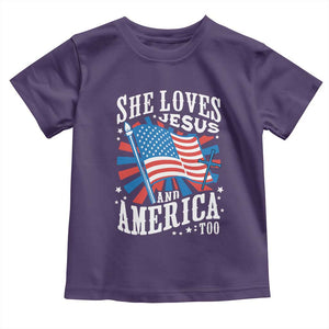 Funny She Loves Jesus And America Too Toddler T Shirt 4th Of July Patriotic Christian American Flag TS11 Purple Print Your Wear