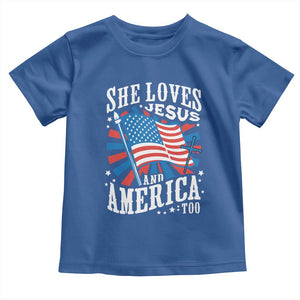 Funny She Loves Jesus And America Too Toddler T Shirt 4th Of July Patriotic Christian American Flag TS11 Royal Blue Print Your Wear