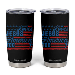 Funny She Loves Jesus And America Too Tumbler Cup 4th Of July Christian American Flag TS11 Black Print Your Wear