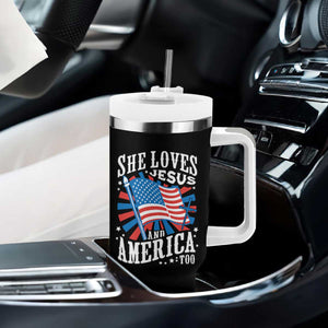 Funny She Loves Jesus And America Too Tumbler With Handle 4th Of July Patriotic Christian American Flag TS11 Print Your Wear