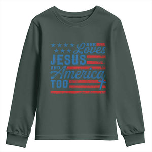 Funny She Loves Jesus And America Too Youth Sweatshirt 4th Of July Christian American Flag TS11 Dark Forest Green Print Your Wear