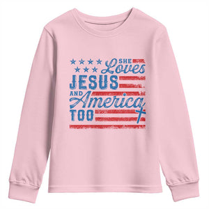 Funny She Loves Jesus And America Too Youth Sweatshirt 4th Of July Christian American Flag TS11 Light Pink Print Your Wear