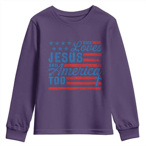 Funny She Loves Jesus And America Too Youth Sweatshirt 4th Of July Christian American Flag TS11 Purple Print Your Wear