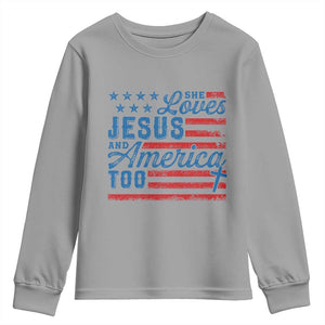 Funny She Loves Jesus And America Too Youth Sweatshirt 4th Of July Christian American Flag TS11 Sport Gray Print Your Wear