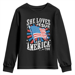 Funny She Loves Jesus And America Too Youth Sweatshirt 4th Of July Patriotic Christian American Flag TS11 Black Print Your Wear