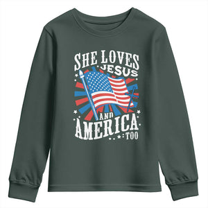 Funny She Loves Jesus And America Too Youth Sweatshirt 4th Of July Patriotic Christian American Flag TS11 Dark Forest Green Print Your Wear