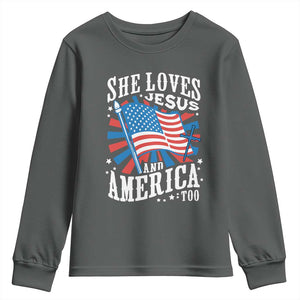 Funny She Loves Jesus And America Too Youth Sweatshirt 4th Of July Patriotic Christian American Flag TS11 Dark Heather Print Your Wear