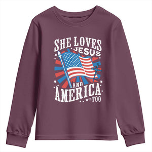 Funny She Loves Jesus And America Too Youth Sweatshirt 4th Of July Patriotic Christian American Flag TS11 Maroon Print Your Wear