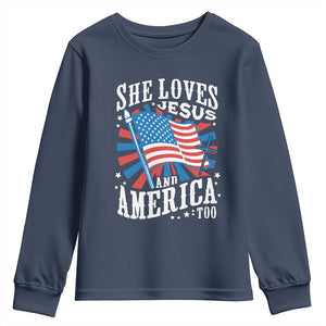 Funny She Loves Jesus And America Too Youth Sweatshirt 4th Of July Patriotic Christian American Flag TS11 Navy Print Your Wear