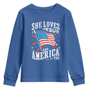 Funny She Loves Jesus And America Too Youth Sweatshirt 4th Of July Patriotic Christian American Flag TS11 Royal Blue Print Your Wear