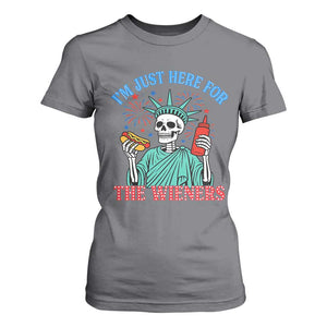 Funny Skeleton Lady Liberty T Shirt For Women I'm Just Here For The Wieners 4th Of July Hot Dog TS02 Charcoal Print Your Wear