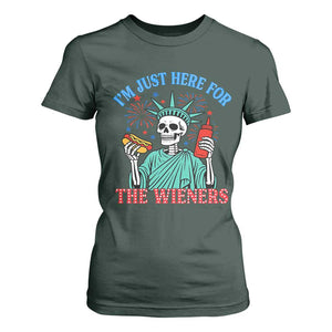 Funny Skeleton Lady Liberty T Shirt For Women I'm Just Here For The Wieners 4th Of July Hot Dog TS02 Dark Forest Green Print Your Wear