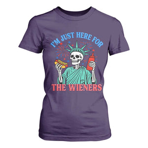 Funny Skeleton Lady Liberty T Shirt For Women I'm Just Here For The Wieners 4th Of July Hot Dog TS02 Purple Print Your Wear