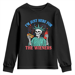 Funny Skeleton Lady Liberty Youth Sweatshirt I'm Just Here For The Wieners 4th Of July Hot Dog TS02 Black Print Your Wear