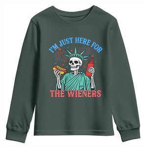 Funny Skeleton Lady Liberty Youth Sweatshirt I'm Just Here For The Wieners 4th Of July Hot Dog TS02 Dark Forest Green Print Your Wear