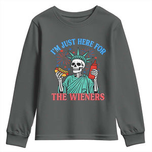 Funny Skeleton Lady Liberty Youth Sweatshirt I'm Just Here For The Wieners 4th Of July Hot Dog TS02 Dark Heather Print Your Wear