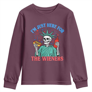 Funny Skeleton Lady Liberty Youth Sweatshirt I'm Just Here For The Wieners 4th Of July Hot Dog TS02 Maroon Print Your Wear
