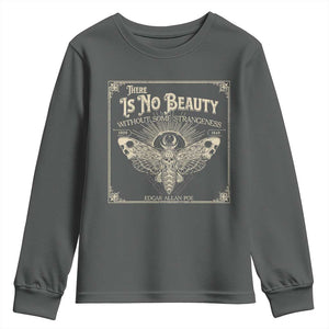 Funny Skull Moth Youth Sweatshirt There Is No Beauty Without Some Strangeness Edgar Poe TS11 Dark Heather Print Your Wear
