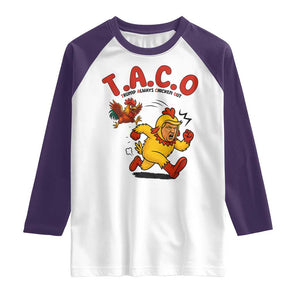 Funny TACO Running Chicken Raglan Shirt Trump Always Chickens Out Hilarious Political TS02 White Purple Print Your Wear